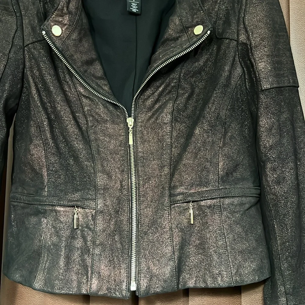 WHBM Motto Metallic Black Suede Faux Jacket Small